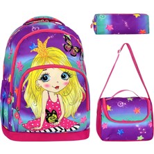 Ilkokul Anaokul Sırt Çantası Kız Çocuk Beslenme Çantalı Termos Özellikli Kalemlikli Ortopedik 3 Lü Set Kraliçe Su Geçirmez Okul Çantası Dijital Baskı Pembe Mor