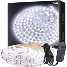 SB-6501 Şerit LED Işık Aydınlatma Seti Aç/kapa Butonlu, Adaptörlü, Mutfak Tezgah, Çalışma Masası, Dolap ve Raf Işıklandırma, Dekoratif Aydınlatma (Beyaz, 500 Cm)