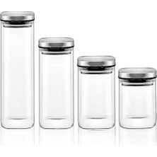 Home 2'li Vakum Kapaklı Borosilikat Cam Saklama Kabı Seti – Mini Boy, Hava Geçirmez, Gıda Saklama Için Ideal-Baharat,kahve,şeker-Mini Baharatlık (Metal Kare, 360 Ml)
