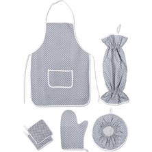 6 Parça Mutfak Seti & Mutfak Önlüğü, Fırın Eldiveni, 2li Tutacak, Organizer Poşetlik, Demlematik Gri