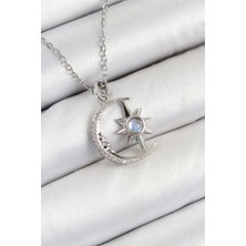 316L Çelik Zirkon Taşlı Kutup Yıldızlı Hilal Model Gümüş Renk Kadın Kolye - TJ-BKO10342