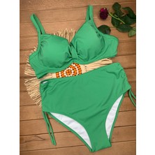 Xorvio Kadın Yeşil Likralı Esnek Şık Rahat Büyük Beden Telli Balenli Toparlayıcı Yüksek Bel Bikini Takım