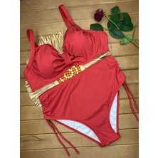 Xorvio Kadın Koyu Bordo Likralı Esnek Şık Rahat Büyük Beden Telli Balenli Toparlayıcı Yüksek Bel Bikini Takım