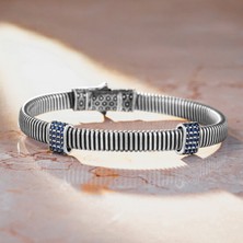 925 Ayar Gümüş Mavi Zirkon Taşlı Vintage Tasarım Erkek Bileklik