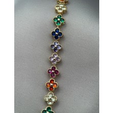 Gold Renk Çok Renkli Zirkon Taşlı Çiçek Formlu 17+2CM Ayarlanabilir Bileklik