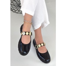 Aksesuarlı Ortopedik Topuk Dikenine Karşı Özel Üretim Kemerli Oxford Babet Ayakkabı Rugan Siyah Topuk Boyu 2,5 cm