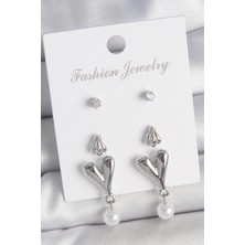 Pirinç Gümüş Renk Zirkon Taşlı Sallantılı Kalp Model 3 Çift Kadın Küpe Seti - TJ-BKP10590