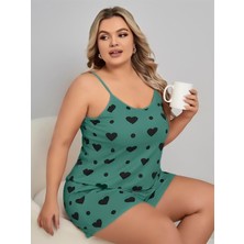 Luvecia Büyük Beden Yeşil Kalp Desen Pamuklu Şortlu Pijama Takımı - LU0001-02NVB9