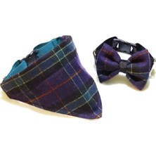 Lacivert Ekose Desenli Küçük Kedi ve Köpek Bandanası ve Papyon Takımı