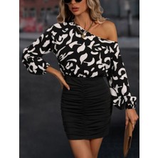 Aisha Elbise Kadın Uzun Kollu Kayık Yaka Eteği Büzgülü Üst Mikro Alt Sandy Mini Elbise