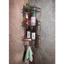 SAS Paslanmaz Siyah Yapışkanlı Banyo Köşeliği Düzenleyici, Şampuanlık, Duş Rafı 3 Katlı - 4 Kancalı - Ek-03