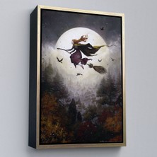 Çerçeveli Süpürge Ile Uçan Cadı, Cadılar Bayramı Helloven Duvar Tablosu -6159