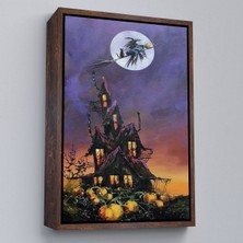 Çerçeveli Süpürge Ile Uçan Cadı ve Kedisi Cadılar Bayramı Helloven Duvar Tablosu -6078