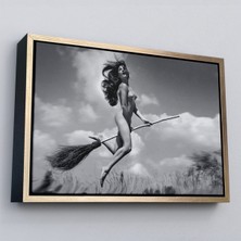 Çerçeveli Süpürge Ile Uçan Çıplak Kandın Kanvas TABLO-5145