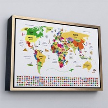 Çerçeveli Türkçe Dünya Haritası Ülke Bayrak ve Başkentli Kanvas TABLO-1918