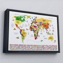 Çerçeveli Türkçe Dünya Haritası Ülke Bayrak ve Başkentli Kanvas TABLO-1918