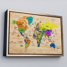 Çerçeveli Ahşap Görünümlü Türkçe Dünya Haritası Sembollü Eğitici Dekoratif Kanvas TABLO-2903