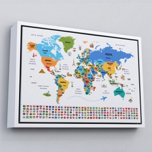 Çerçeveli Türkçe Dünya Haritası Ülke Bayrak ve Başkentli Kanvas TABLO-1966