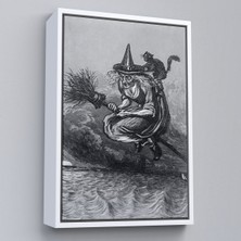 Çerçeveli Süpürge Ile Uçan Yaşlı Cadı ve Kedisi, Cadılar Bayramı Hediyesi, Hellowen Tablo -6304