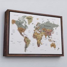 Çerçeveli Detaylı Dünya Haritası Dekoratif Renkli Zeminli Kanvas TABLO-1702