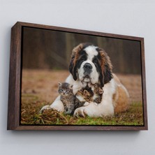 Çerçeveli St. Bernard Köpek ve Yavru Kediler Dekoratif Kanvas TABLO-1124