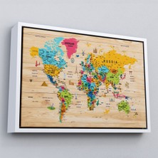 Çerçeveli Ahşap Görünümlü Dünya Haritası Sembollü Eğitici Dekoratif Kanvas TABLO-2938