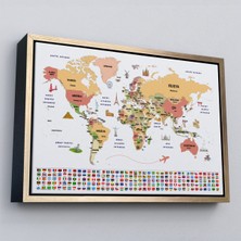 Çerçeveli Türkçe Dünya Haritası Ülke Bayrak ve Başkentli Kanvas TABLO-1940