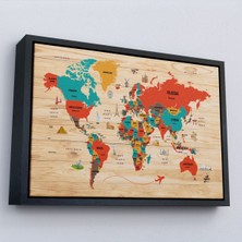 Çerçeveli Ahşap Görünümlü Dünya Haritası Dekoratif Kanvas TABLO-2071