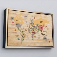 Çerçeveli Ahşap Görünümlü Dünya Haritası Dekoratif Kanvas TABLO-2083