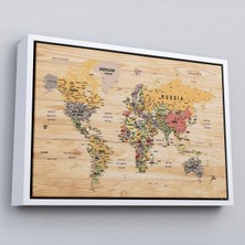 Çerçeveli Ahşap Görünümlü Dünya Haritası Ayrıntılı ve Dekoratif Kanvas TABLO-1800