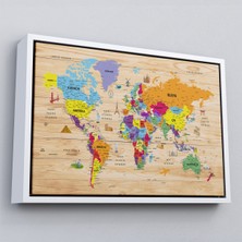 Çerçeveli Ahşap Görünümlü Türkçe Dünya Haritası Sembollü Eğitici Dekoratif Kanvas TABLO-2905
