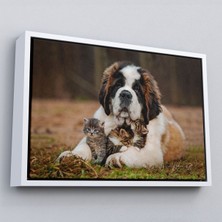 Çerçeveli St. Bernard Köpek ve Yavru Kediler Dekoratif Kanvas TABLO-1124