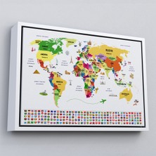 Çerçeveli Türkçe Dünya Haritası Ülke Bayrak ve Başkentli Kanvas TABLO-1918