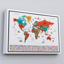 Çerçeveli Türkçe Dünya Haritası Ülke Bayrak ve Başkentli Kanvas TABLO-1922