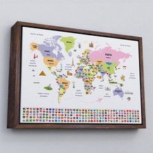 Çerçeveli Türkçe Dünya Haritası Ülke Bayrak ve Başkentli Kanvas TABLO-1924