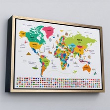 Çerçeveli Türkçe Dünya Haritası Ülke Bayrak ve Başkentli Kanvas TABLO-1950