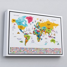Çerçeveli Türkçe Dünya Haritası Ülke Bayrak ve Başkentli Kanvas TABLO-1948