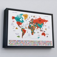Çerçeveli Türkçe Dünya Haritası Ülke Bayrak ve Başkentli Kanvas TABLO-1922