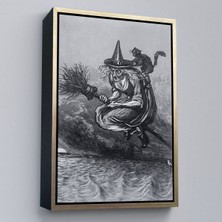 Çerçeveli Süpürge Ile Uçan Yaşlı Cadı ve Kedisi, Cadılar Bayramı Hediyesi, Hellowen Tablo -6304