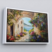 Çerçeveli Deniz Yakınında Ev, Renkli Çiçekler, Deniz Manzaralı Kanvas Duvar TABLOSU-1111