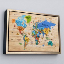 Çerçeveli Ahşap Görünümlü Dünya Haritası Sembollü Eğitici Dekoratif Kanvas TABLO-2956