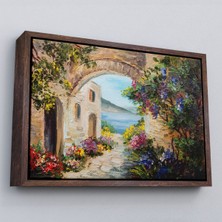 Çerçeveli Deniz Yakınında Ev, Renkli Çiçekler, Deniz Manzaralı Kanvas Duvar TABLOSU-1111