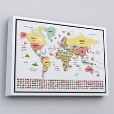 Çerçeveli Türkçe Dünya Haritası Ülke Bayrak ve Başkentli Kanvas TABLO-1944