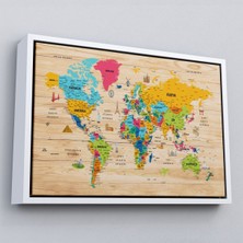 Çerçeveli Ahşap Görünümlü Türkçe Dünya Haritası Sembollü Eğitici Kanvas TABLO-2939