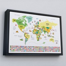 Çerçeveli Türkçe Dünya Haritası Ülke Bayrak ve Başkentli Kanvas TABLO-1914