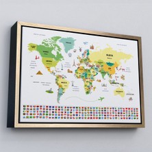 Çerçeveli Türkçe Dünya Haritası Ülke Bayrak ve Başkentli Kanvas TABLO-1914