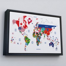 Çerçeveli Dünya Haritası Bayrak Desenli Dekoratif Kanvas TABLO-1043