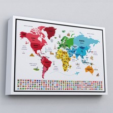 Çerçeveli Türkçe Dünya Haritası Ülke Bayrak ve Başkentli Kanvas TABLO-1958