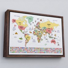 Çerçeveli Türkçe Dünya Haritası Ülke Bayrak ve Başkentli Kanvas TABLO-1944