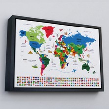 Çerçeveli Türkçe Dünya Haritası Ülke Bayrak ve Başkentli Kanvas TABLO-1962